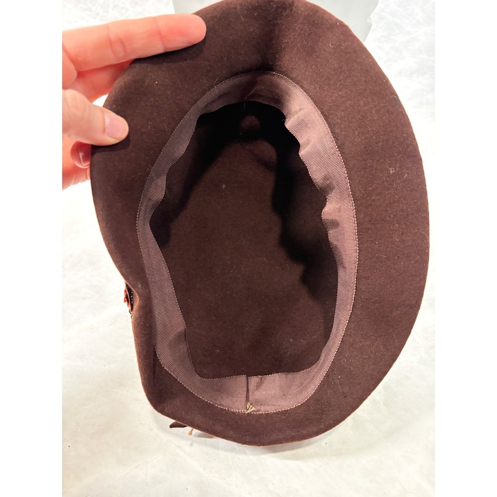 Vintage Brown Wool Felt Cloche Hat Sequin Metallic Trim Bow Accent Chocolate - Picture 8 of 9
